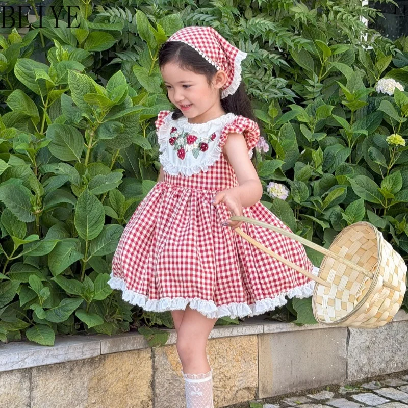 Birthday Cute Red Plaid Dress Baby Girls Tutu Summer Original Design Sweet Dress Children Retro Daily Style Lolita Dress