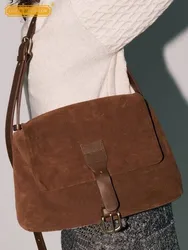 Women Sling Bag Vintage Design Suede Flip Totes Handbag Versatile Large Capacity Cowhide Genuine Leather Single Shoulder Bag