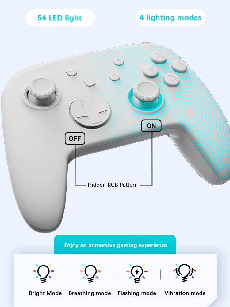 FUNLAB White Luminous Pattern pro controller Compatible Nintendo Switch 1/2 OLED/Lite/NFC/Turbo Wireless Remote Gamepad With RGB