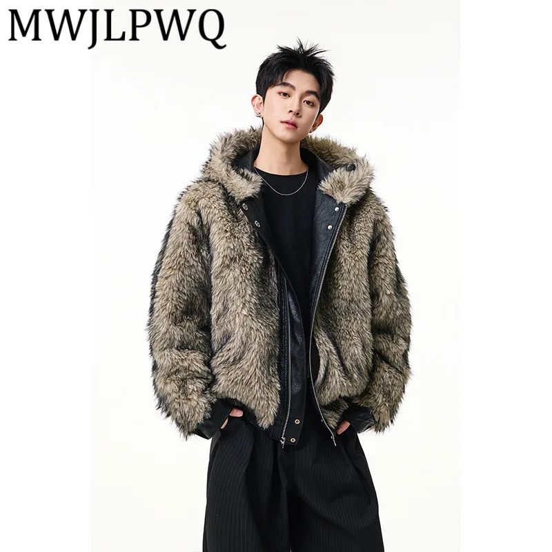 

MWJLPWQ American Style Fur Collar Leather Jacket Male Fleece High Street Double Wear Long Sleeve Casual Winter Cotton Coat 22028