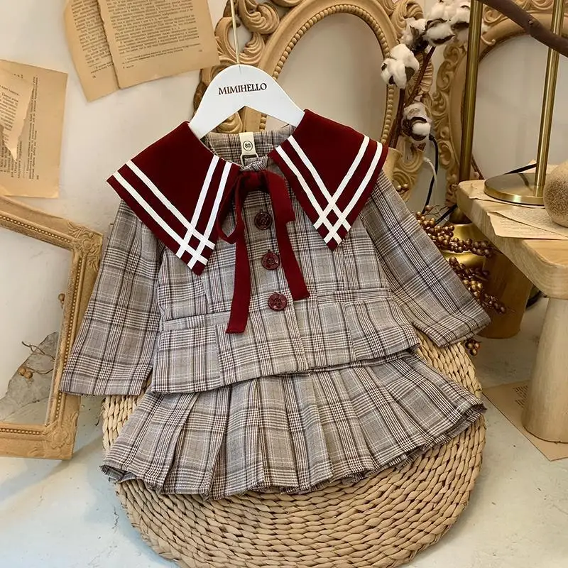 Autumn Girls Casual Suit Set Spring 2023 Collegiate Style Baby Girl Toddler Two-piece Sets Fall Kids Fashion Lapel Party Clothes