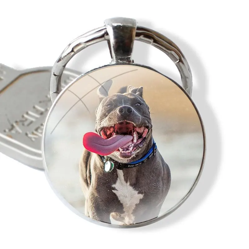 Pit Bull Lovely Pet Dog Pitbull Keychain Handmade Glass Cabochon Key Ring Holder Pendant Key Chains