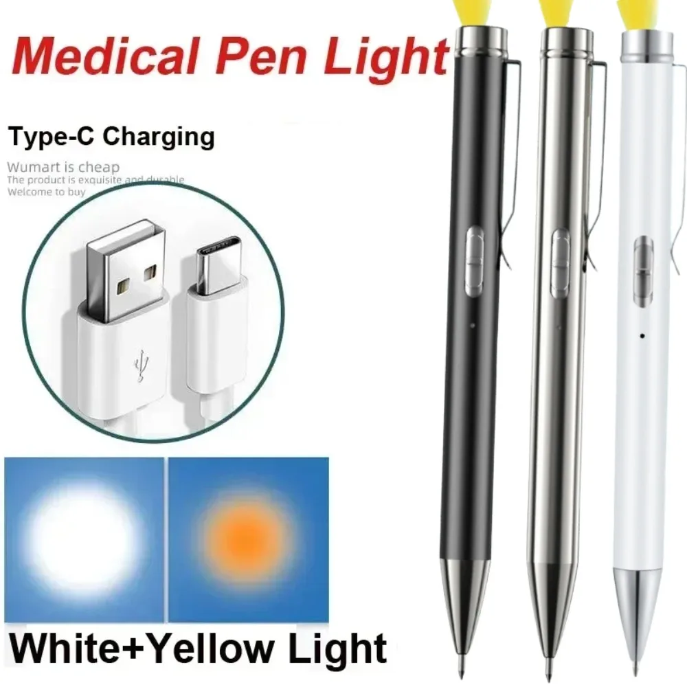 

2 in 1 Pocket Penlight Emergency Type-C Rechargeable Flashlight Medical First Aid Work White-Yellow Light for Doctor Nurse