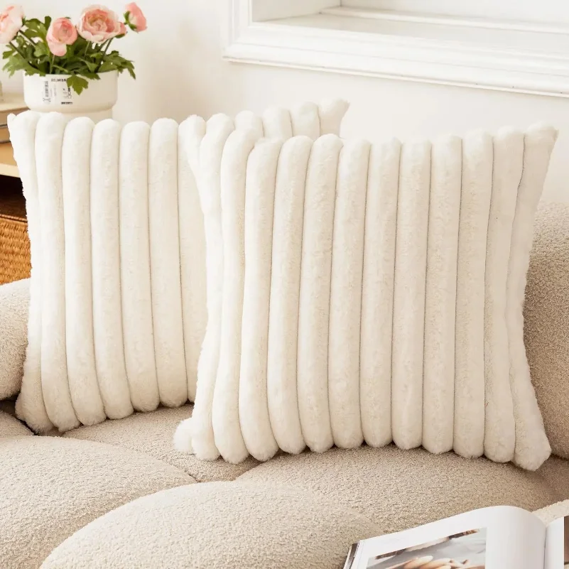 45x45 Faux Rabbit Fur Square Cushion Cover New Big Thick Striped Super Soft Solid Color Pillow Cover Sofa Decor Pillowcase
