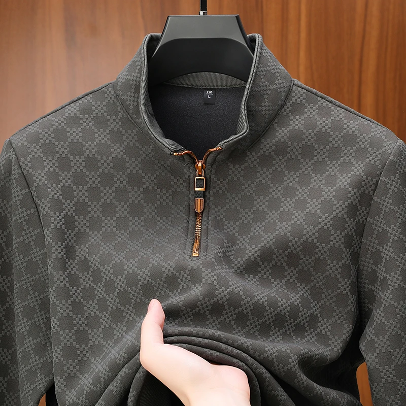 جودة فاخرة للرجال سميكة هوديي الوقوف طوق سستة منقوشة طباعة كم طويل البلوز الشتاء الأعمال موضة الملابس الرجالية الكلاسيكية #1
