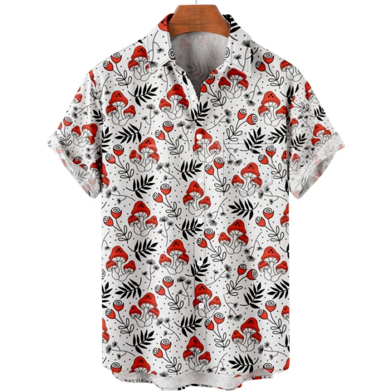 Men's Summer Mushroom Vintage Hawaiian Short Sleeve Shirt Fashion Floral Casual Smooth Pattern Harajuku Social Custom Clothing