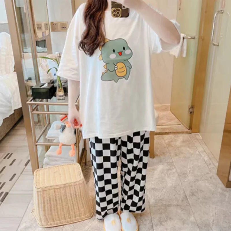 Pajamas Summer Suit Student Ins New Short-Sleeved Trousers Plaid Trousers Loose Large Size Cartoon Home Wear