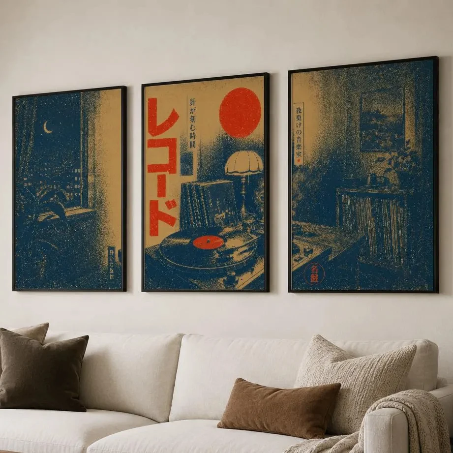 3Pcs Retro Japanese Vinyl Wall Art, Vintage Grain Texture Turntable Night City Canvas Prints, Asian Music Posters for Studio