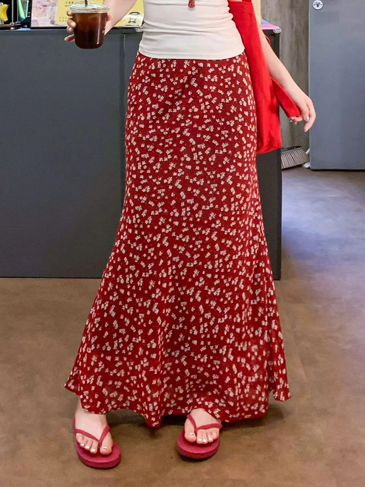 

Винтажная красная длинная юбка с цветочным принтом для женщин, летняя, с высокой талией, милая, элегантная, повседневная, в стиле ретро, американская, облегающая, сексуальная, женская юбка-русалка