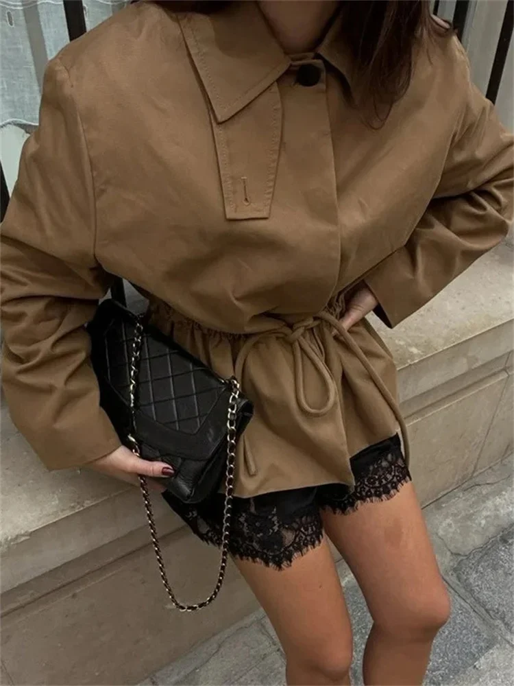 Casual Lace-Up Losse Jassen Jas Vrouwelijke Revers Lange Mouw Patchwork Pendelen Streetwear Voor Vrouwen Vintage Jassen Uitloper