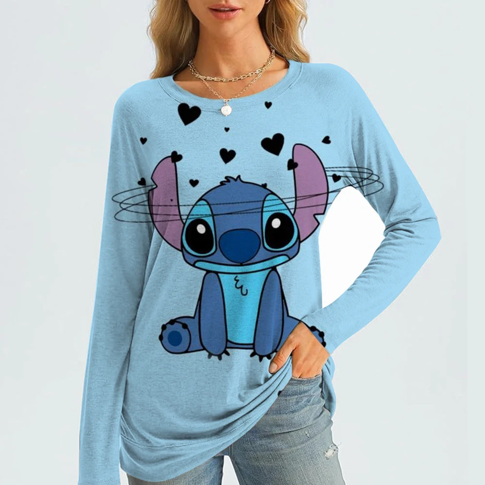 

2025 Spring Casual Fashion Loose Lilo&Stitch Printed T-shirt for Women's Casual Round Neck Long, Elegant and Beautiful Women's T