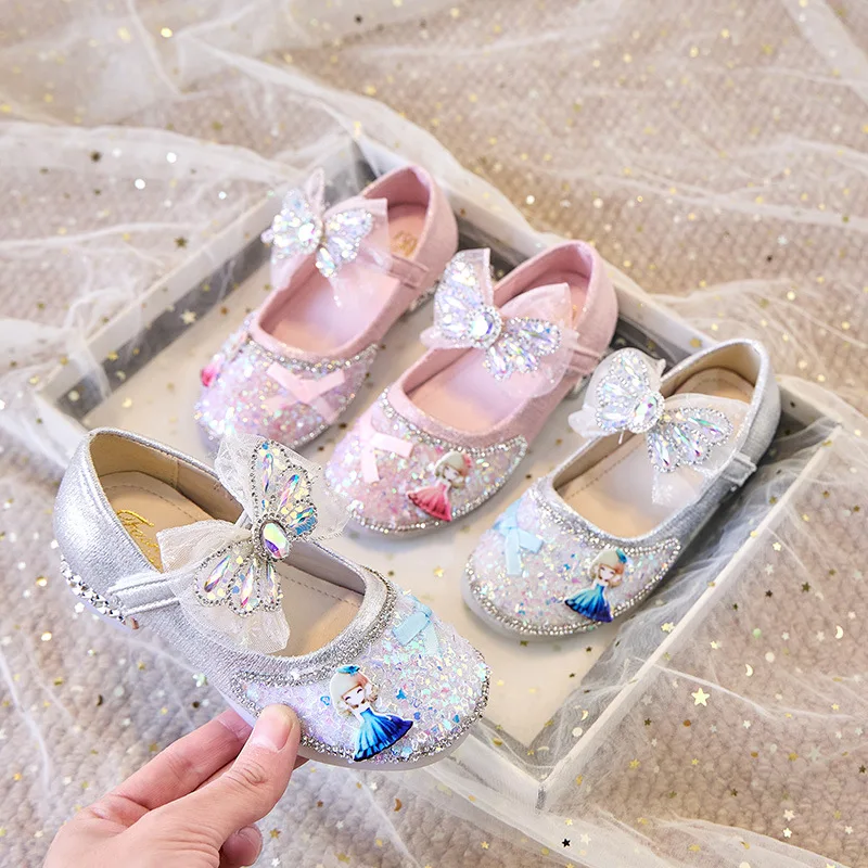 

Детская повседневная обувь из искусственной кожи с изображением принцессы Эльзы и кристаллическим бантом, весенние туфли для девочек, противоскользящие розовые и синие туфли, размер 26-36