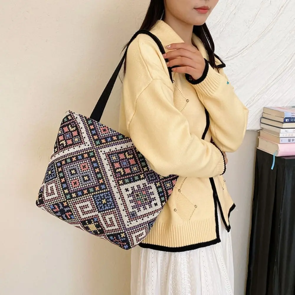 Embroidery Ethnic Style Canvas Bag Cute Portable Large Capacity Canvas Handbag Mommy Bag Storage Bag Striped Tote Bag Picnic