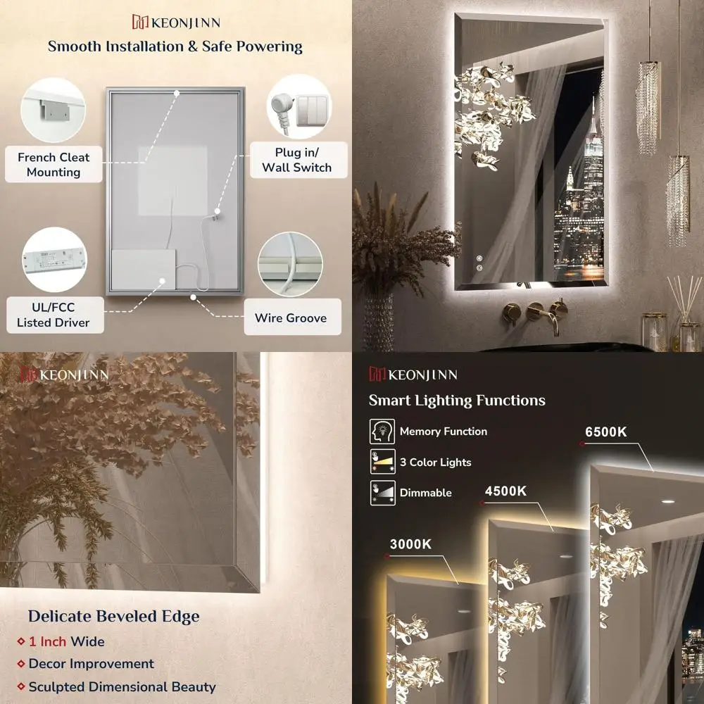 

40x24 Inch LED Backlit Bathroom Mirror with Beveled Edge, Tempered Glass, 3-Color Lighting, UL-Listed