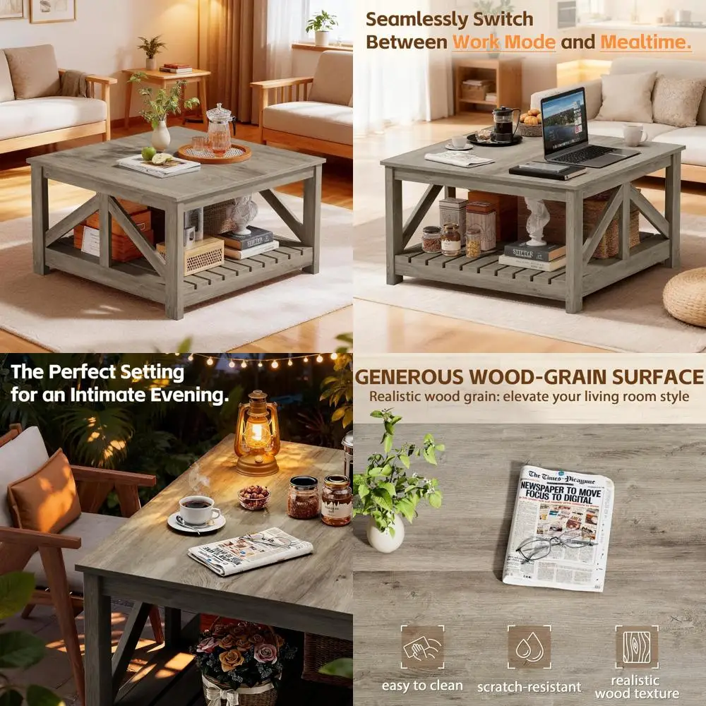 JUMMICO Quadratischer Couchtisch mit zwei Ablagefächern, moderner Cocktailtisch aus Holz für Wohnzimmer, Bauernhaus-Lounge und Büro