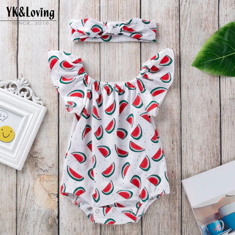

Summer New Baby Girl Printed Watermelon Flutter Sleeve Romper Infant Fashion Cute Sleeveless Crawling Suit Wholesale