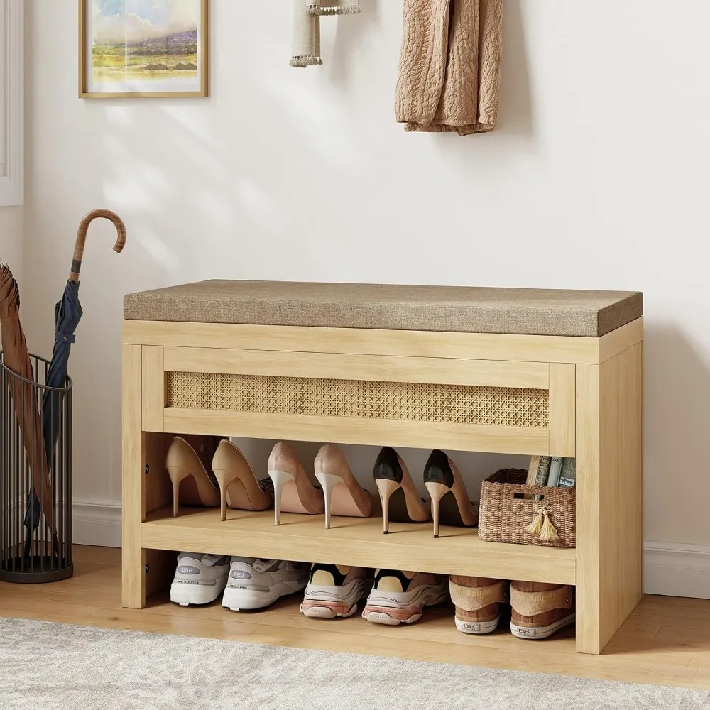 

Rattan Shoe Bench with Cushion, 31" Shoe Bench with Storage Drawer, Farmhouse Shoe Rack with Shelf, Wooden Storage Bench for Ent