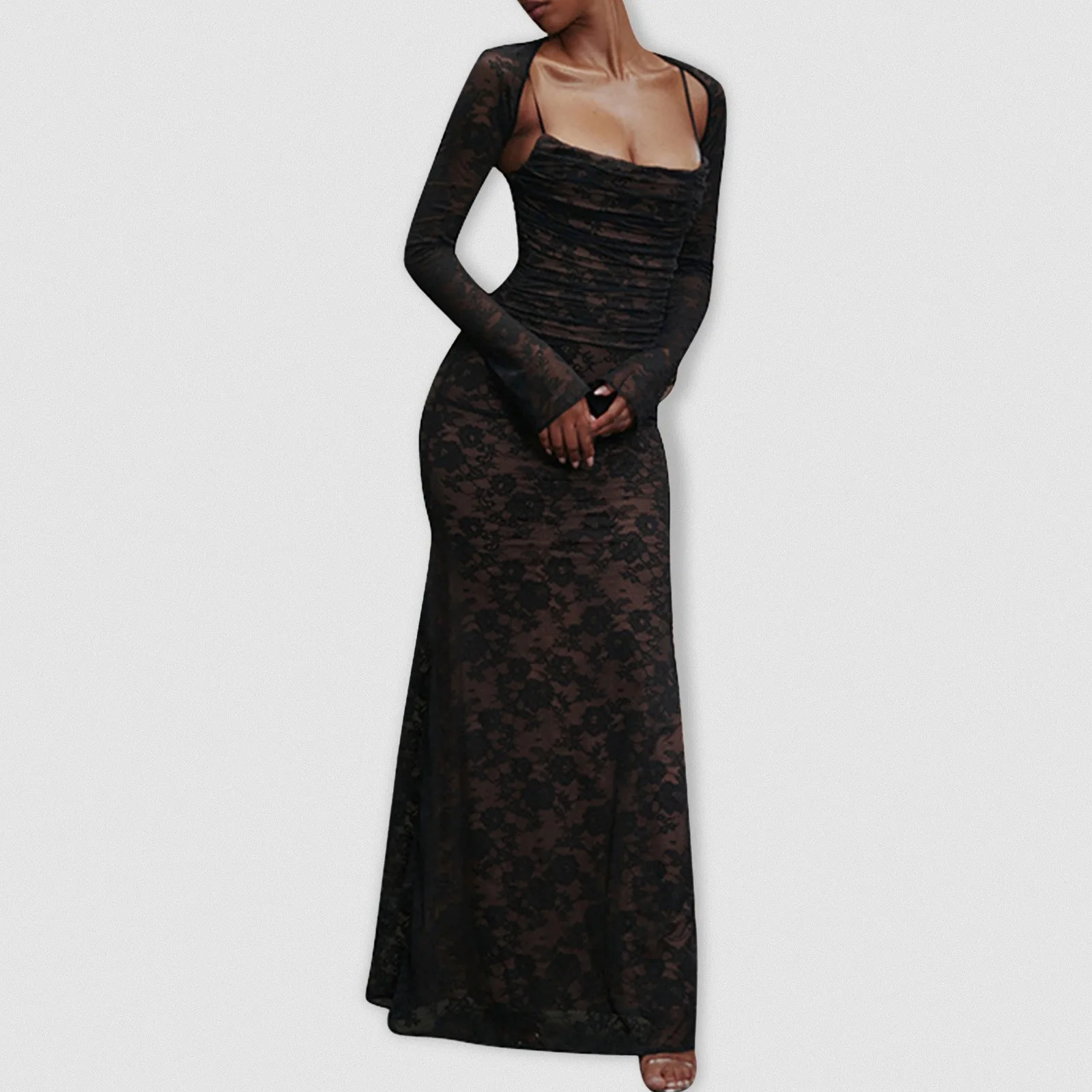 Sexy Square Neck Tie Strap Maxi Dress With Sheer Lace Long Sleeves Crochet Detail & Shawl Elegant Evening Button Front Dresses