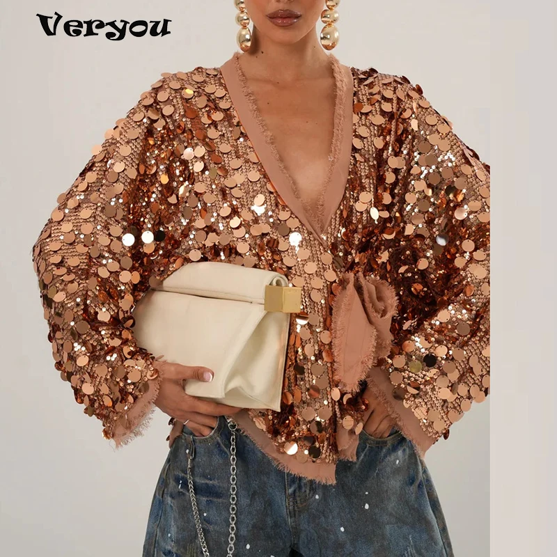 

Elegant Lady Sequins Jacket Women Casual V Neck Lace Up Long Sleeve Coats For Women Fashion Party Outerwear