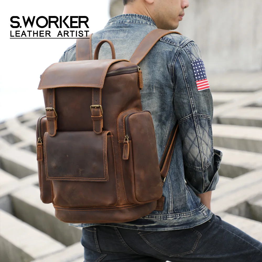 S.WORKER Vintage Echtleder-Rucksack Laptop-Tasche Casual Crazy-Horse-Leder Schultasche Outdoor-Reise-Weekender-Tasche – Detail 2