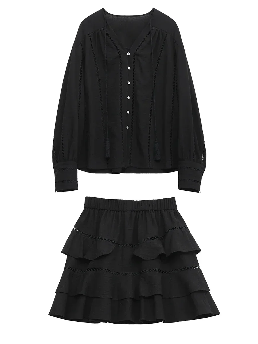 CHIC VEN Women Shirt Loose Casual V-neck Solid Hollowed Out Lace Up Woman Blouses Female Short Skirt Set Summer 2024