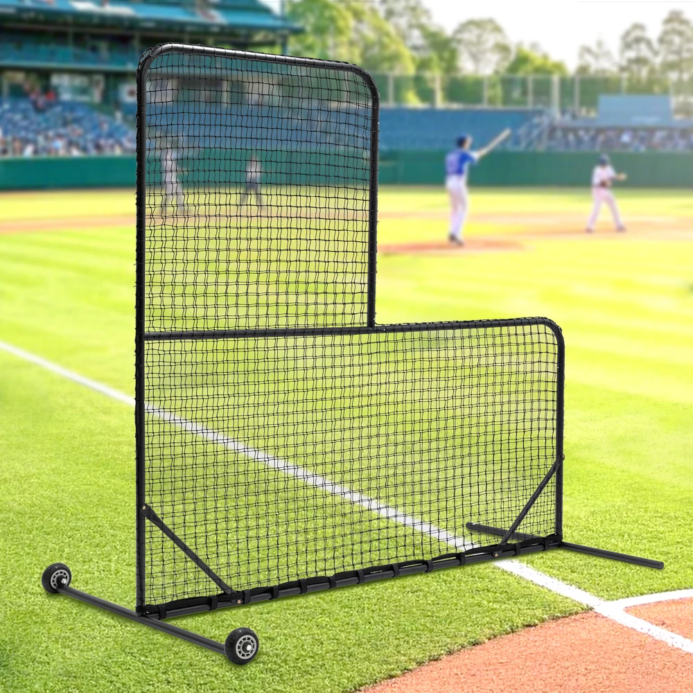 

84''H×84''W L-Shaped Baseball Batting/Pitching Net with Wheels,42''×42'' Cutouts & Carry Bag