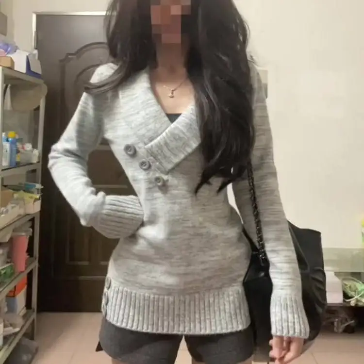 Gray Knitted V-Neck Sweater Women's Slim Fit Inner Wear Korean Style Winter Fashion Casual Soft Long Sleeve Button Detail