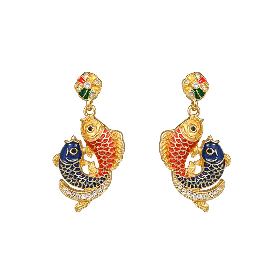 

Medieval Style Vintage Fashion Enamel Red Blue Two-color Koi Fish Earrings New Chinese Style National Style Earrings for Women