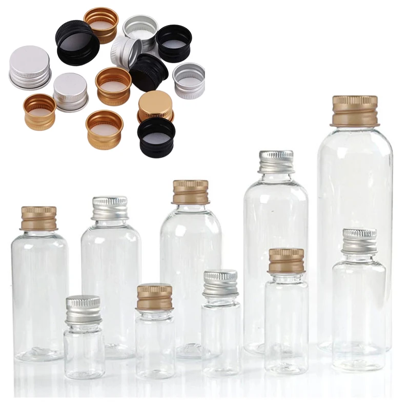 50 peças 5/10/20/30/50/60/80/100/120ml mini garrafas plásticas portáteis para animais de estimação com tampas de parafuso de alumínio para viagem recipiente cosmético loção