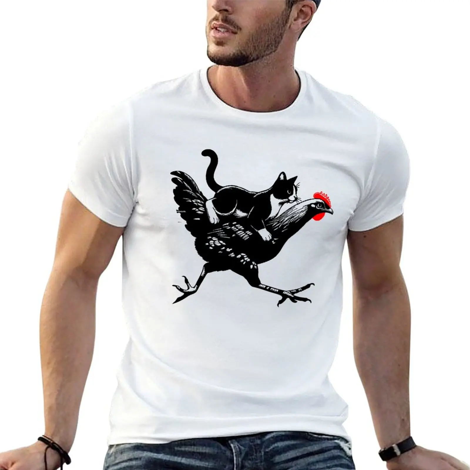 

Tuxedo Cat On A Chicken, Cat Riding a Chicken T-Shirt funny t shirts dark humor t shirt man plain T-Shirt
