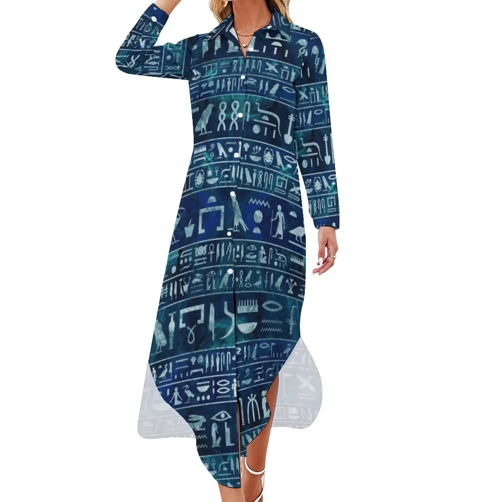 Egyptian hieroglyphs -silver on blue painted texture Long Sleeved Shirt Dress loose summer dress summer woman dress 2024