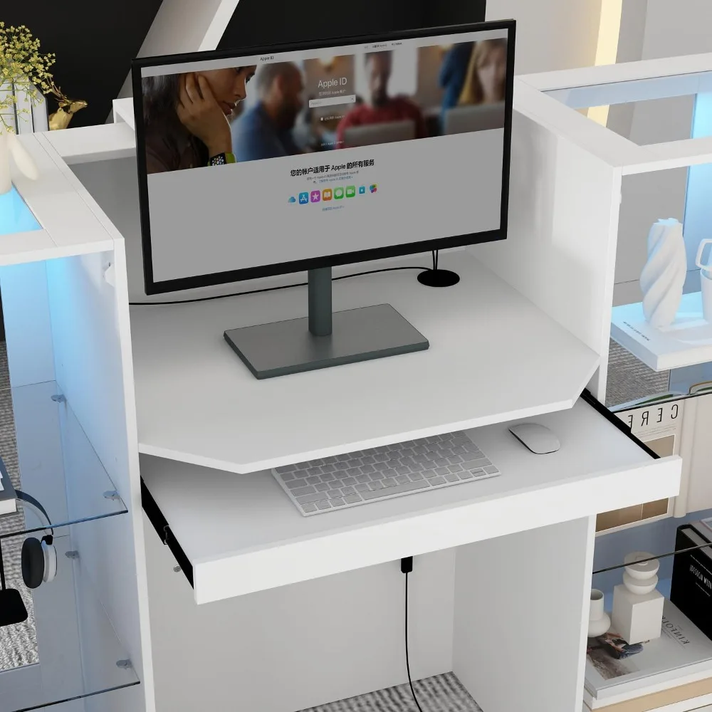 Reception Desk with Counter, 59.1 inch Front Desk with LED Light & Glass Display Shelf, Reception Room Table with Cable Grommet,