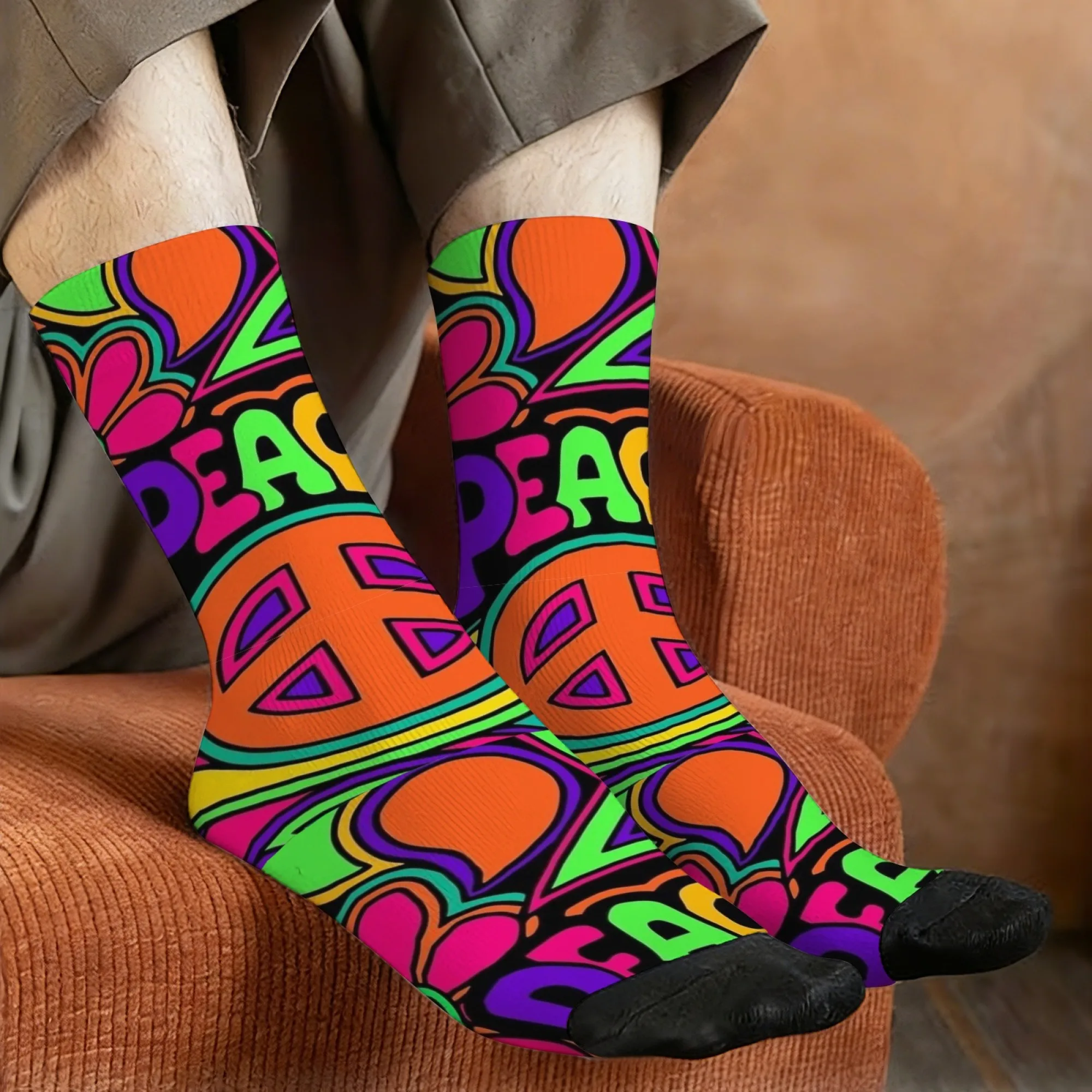 Vintage Hippie Style Peace Star Print Men's Mid-calf Socks Vibrant Colorful Abstract Soft Comfortable and Breathable Socks