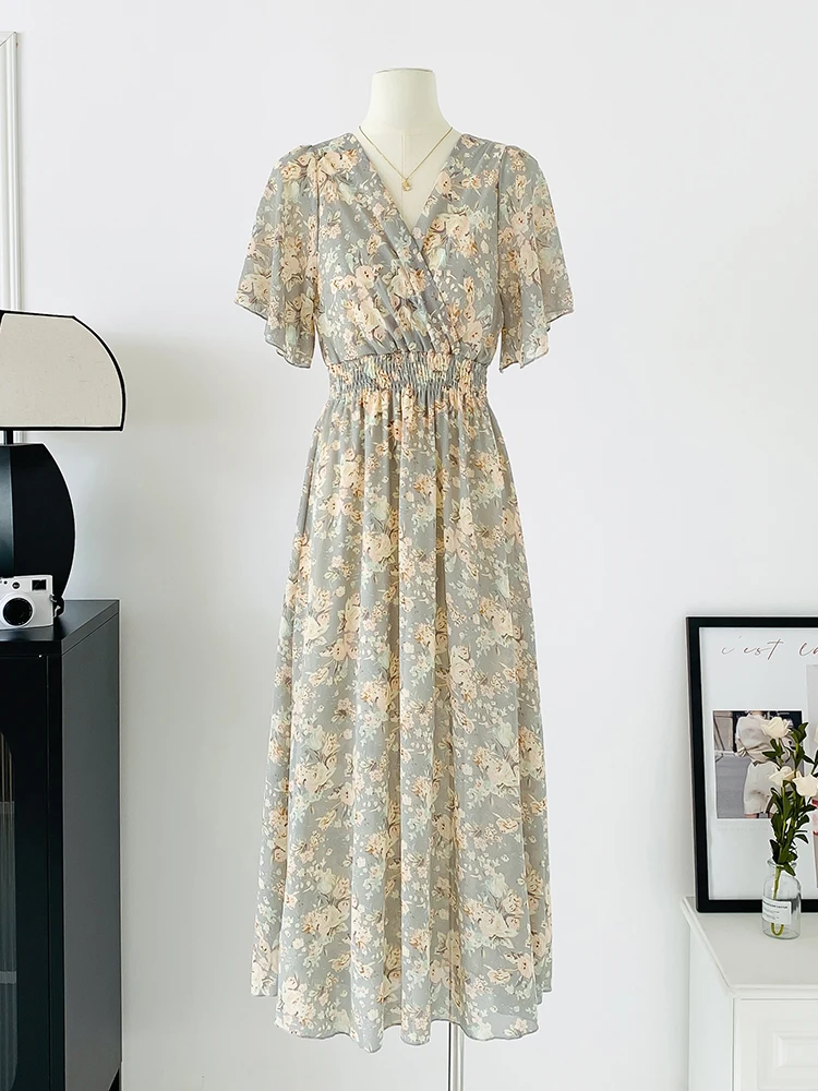 Summer Maxi Dresses for Women 2026 Casual Short Sleeve Floral Print V-Neck  Chiffon Bohe Beach Party Long Dress Mujer Vestidos