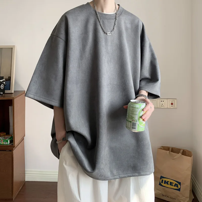 Letnia koszulka z krótkim rękawem Moda męska Jednolity kolor Okrągły dekolt T Shirt Mężczyźni Streetwear Luźna zamszowa koszulka Męski top M-3XL