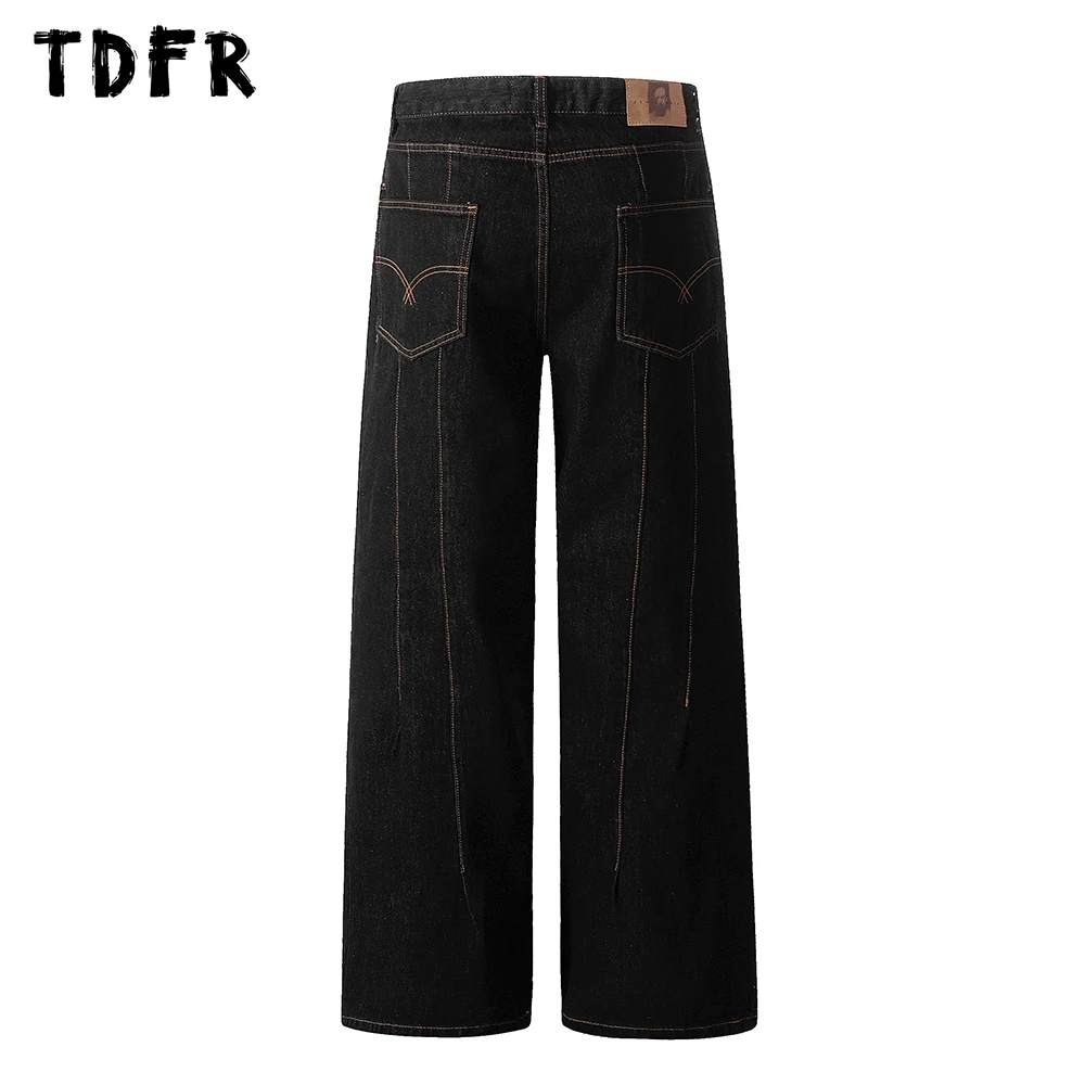 Top Stitch Pocket Dark Jeans Mens Retro Streetwear Loose Straight Wide-leg Denim Pants Men