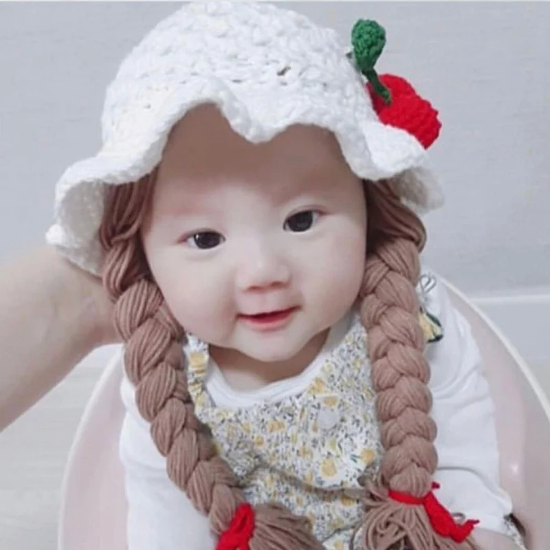 2-4Y Handmade Knitted Cute Baby Girl Wig Hat Infant Wigs Brades Kid Crochet Hat Caps With Plaits Photography Props Headwear