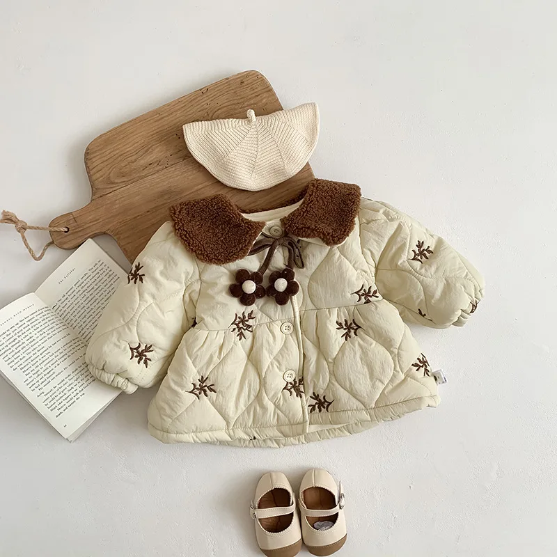 2024 Winter Baby Girls Coat Cotton Padded Plus Velvet Thick Warm Infant Girls Jacket Embroidery Flower Toddler Girls Overcoat