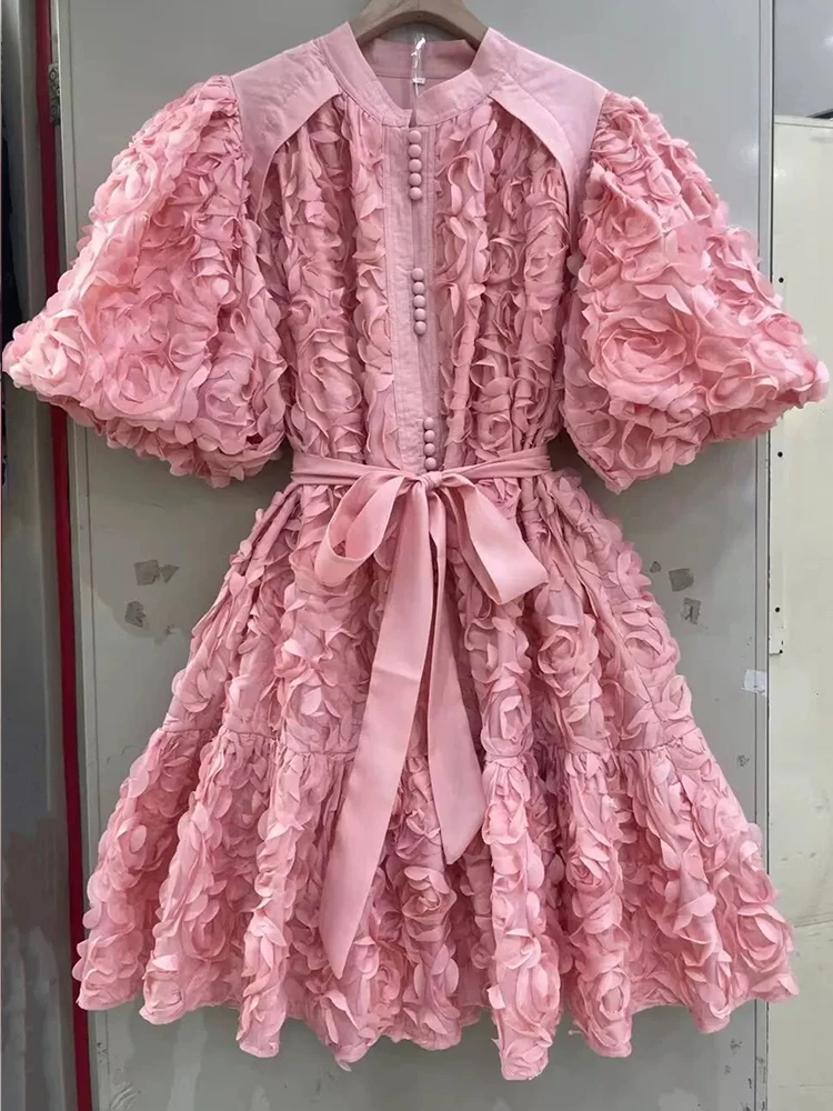 

Spring/summer 2025 new bubble sleeve three-dimensional flower round neck single-breasted loose dress belt waist fashion mini ski