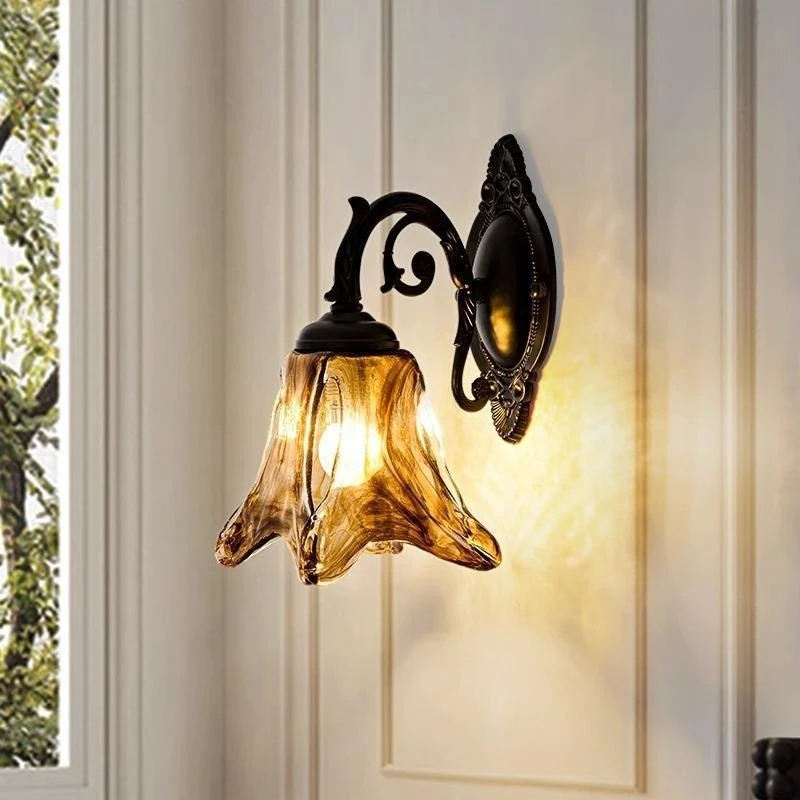 

European Retro Glass LED Wall Lamp Bedroom Bedside Lamp Living Room Study Corridor Staircase French Art Decorative Light Fixture