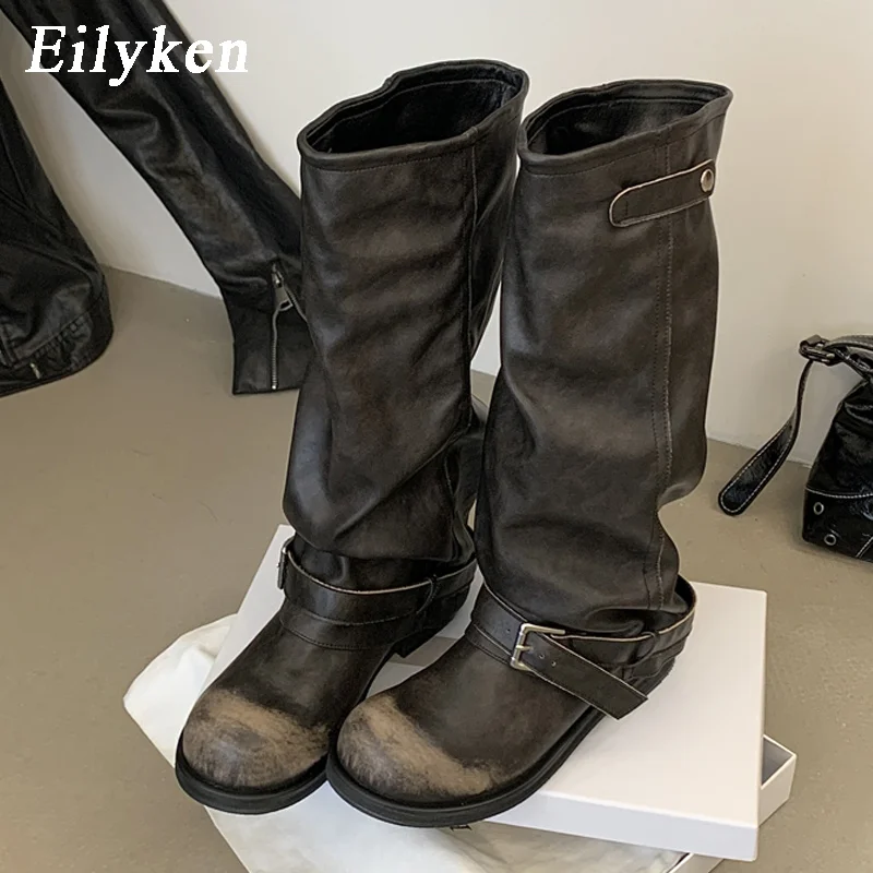 Eilyken Winter Vintage Punk Pleated Round Toe Knee High Boots Women Designer Buckle Strap Square Heels Shoes Botas Zapatos Mujer
