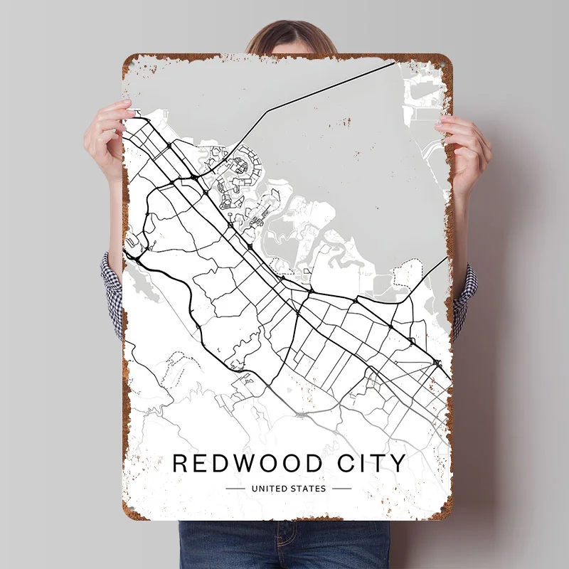 

Металлический постер Redwood City, Калифорния: Винтажные жестяные таблички для декора мужской комнаты, стола, дома