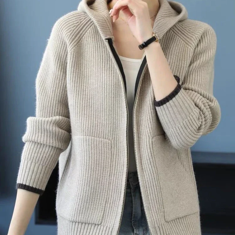 

Куртка с капюшоном и молнией, кардиган, свитер с вышивкой, женский топ, модная вязаная толстовка с капюшоном, свитер