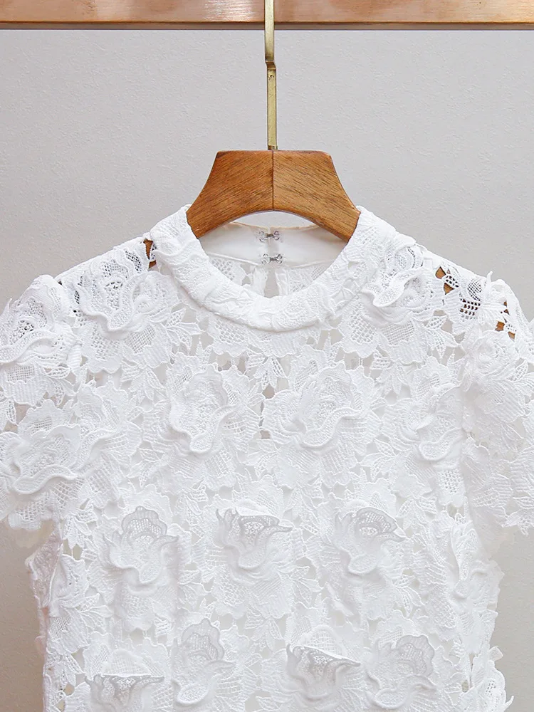 Women White Long Dress Lace Hollow Out O-Neck Short Sleeve Slim Elegant Autumn 2024 Robe