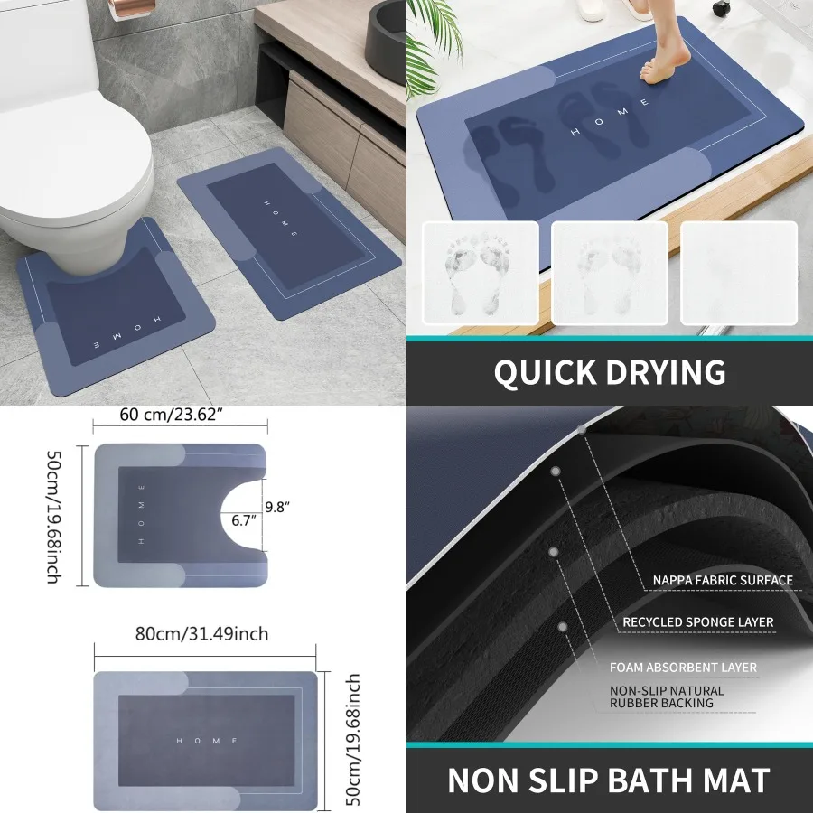 

2Pcs Absorbent Bath Mat Rug Sets NonSlip Quick Dry U Shaped Rubber Backed Bath Mat Rug for Tub Shower and Bathroom Floor Blue I