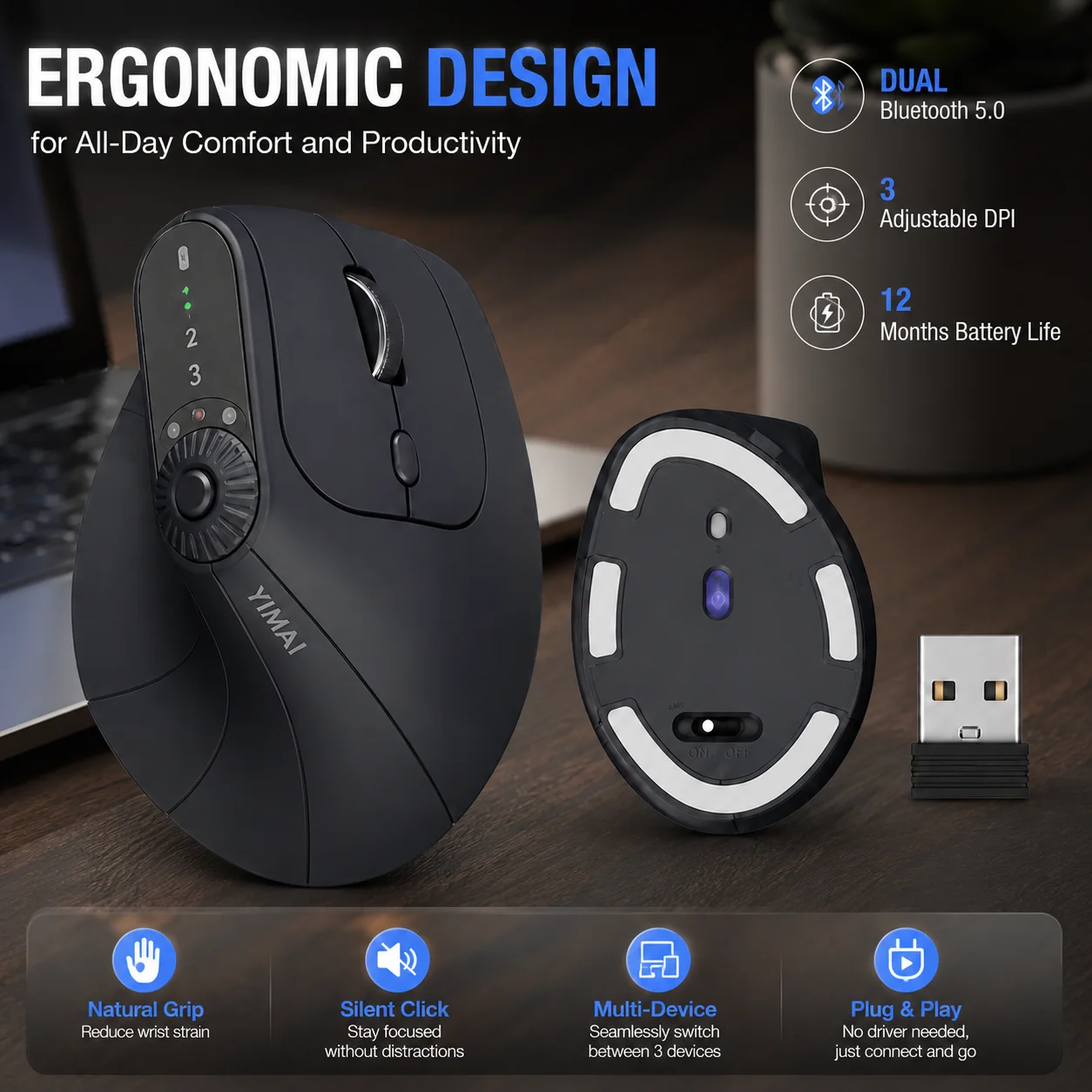 JOMAA 2.4G BT Dual-Mode Ergonomic Vertical Wireless Mouse Rechargeable Silent Click Optical Mouse Multi-Device PC Accessories