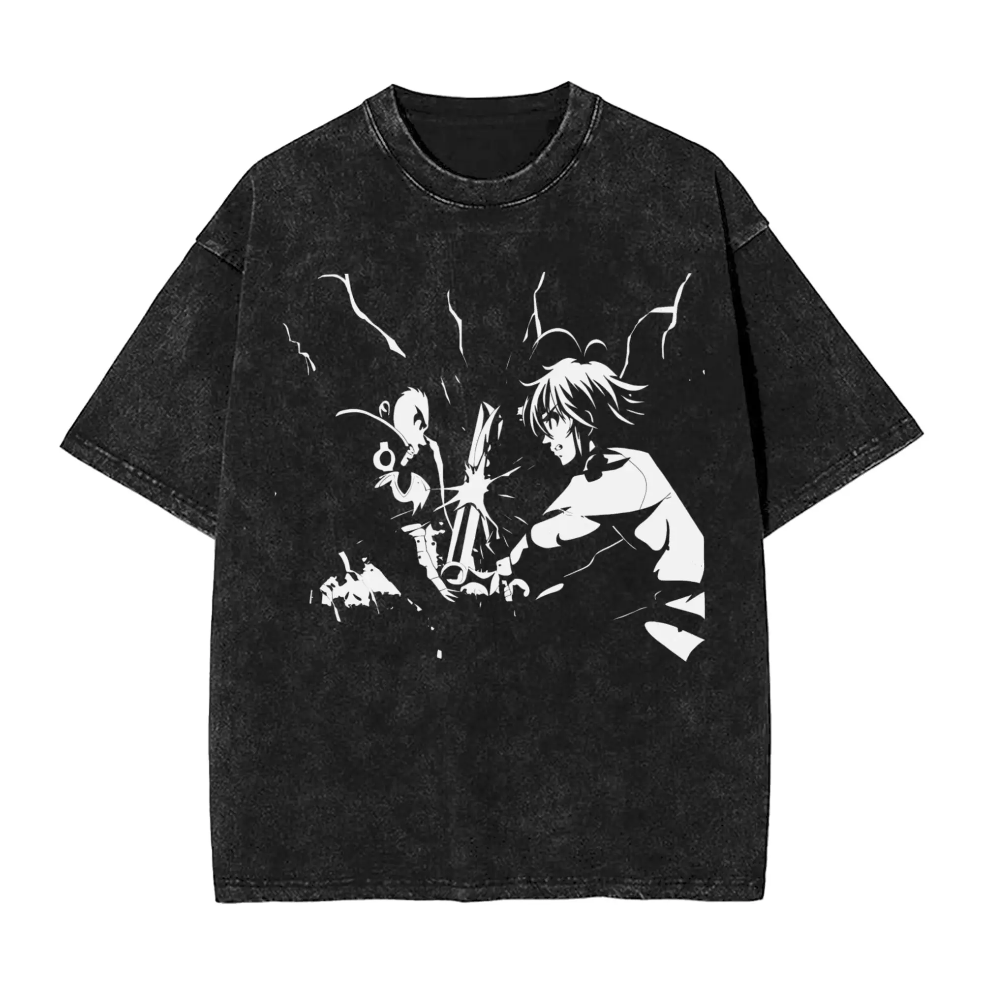 Anime Meliodas Main Character Men T Shirt Washed  Humor Tees Short Sleeve Round Neck T-Shirt Pure Cotton Printed Clothes