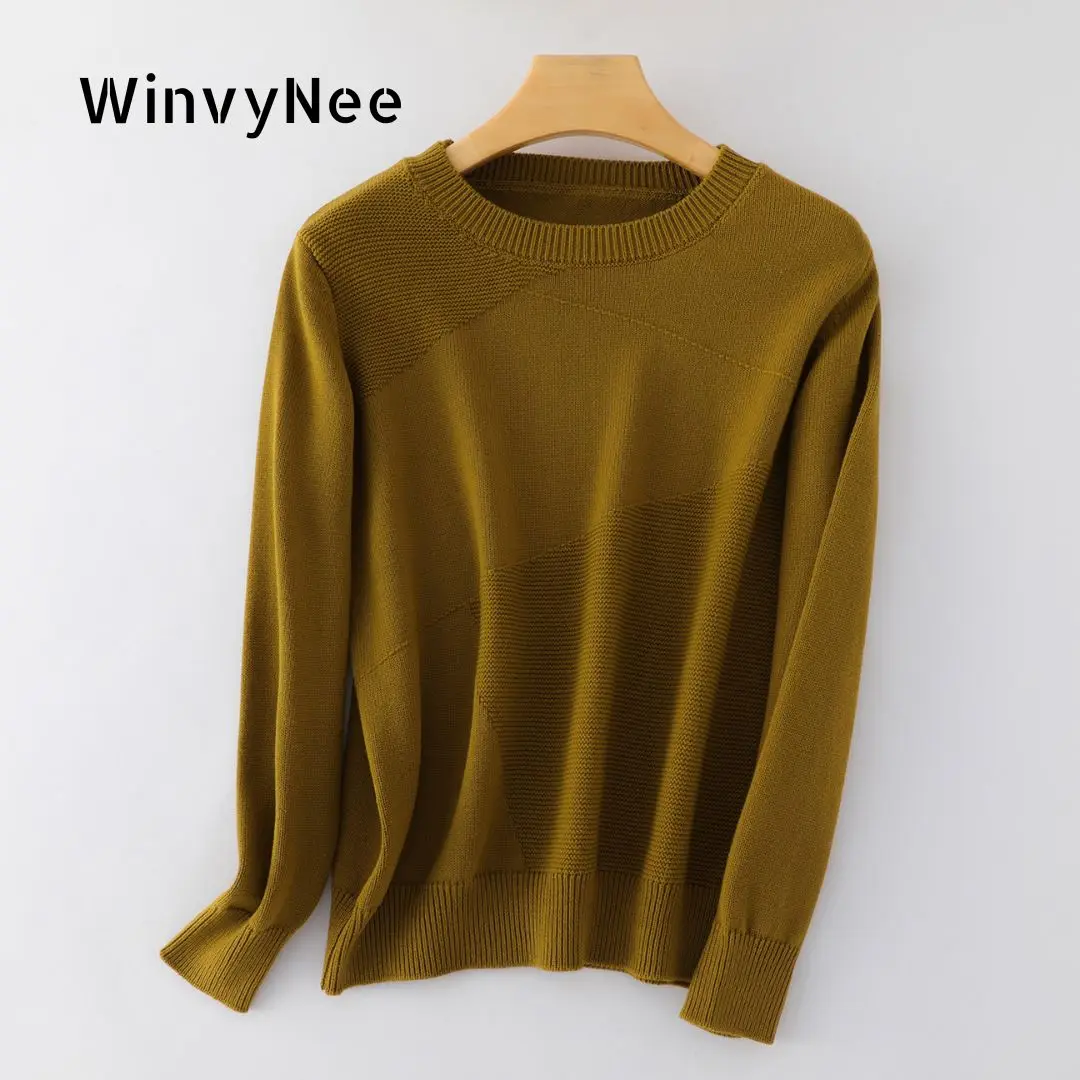 WinvyNee Women's Soft Loose Fit Pullover 100% Cotton 7-Pin Diagonal Block Crew Neck Stylish Casual Daily Knit Sweater A1092044A