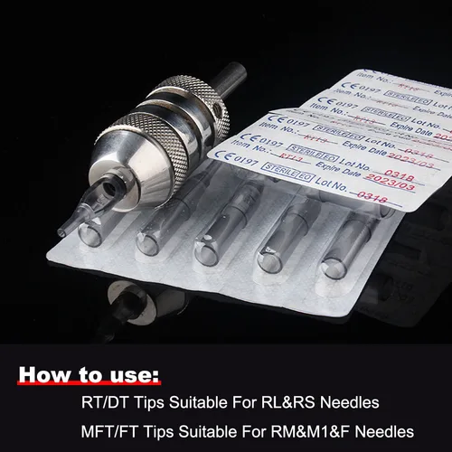 Imagen 2 del producto Boquillas de tatuaje transparentes desechables, 50 Uds., plástico transparente, estéril, surtido de tubos de agujas para maquillaje permanente, suministro RT/DT/FT/MFT