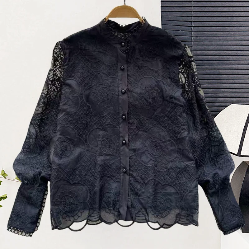 

Black,New,Korean,Style,Lace,Blouse,Chic,Sexy,Stand,Embroidery,Patchwork,Hollow out,Women,Button,Long Sleeve,Shirt,Tops,571003